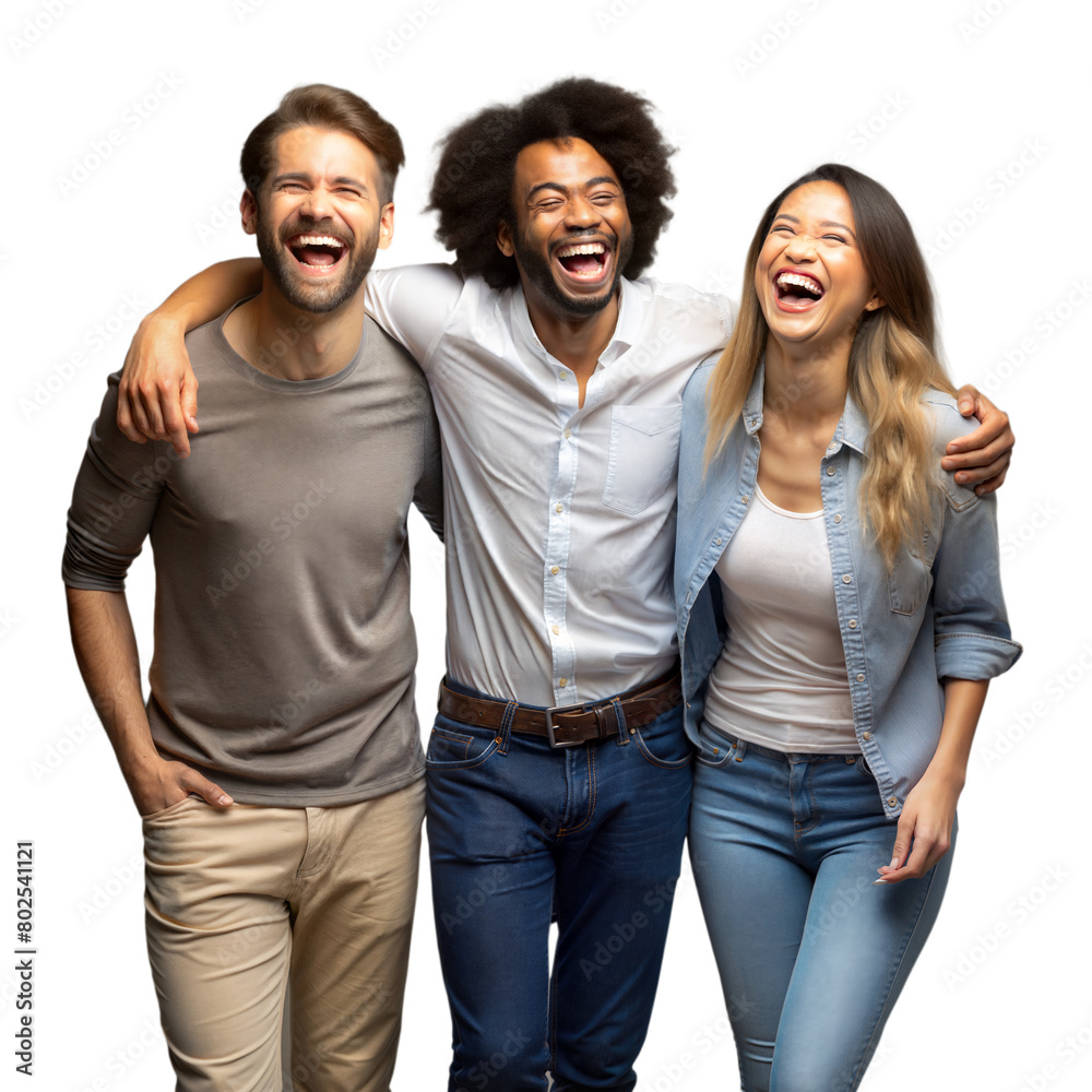 Three Friends Laughing Together Arm in Arm on a Transparent Background