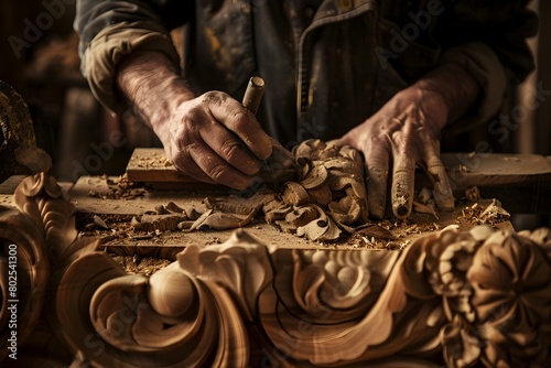 Craftsman Carving Intricate Wood Sculpture in Arts and Crafts Workshop