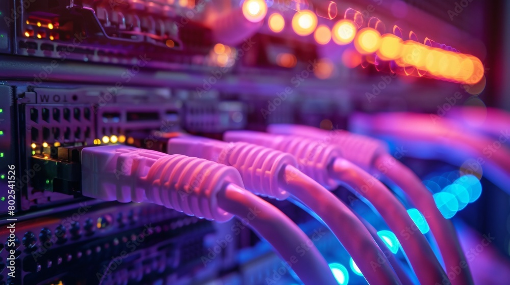 Network Switch and Ethernet Cables in Data Center, Close-Up, server room