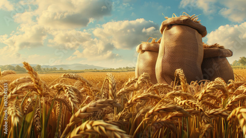 A field of ripe wheat  the harvested crop is in sacks.