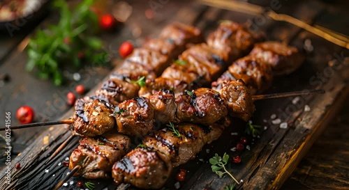 Delicious grilled meat skewers a mouthwatering delight for meat lovers. Concept Grilled Meat, Skewers, Delicious, Meat Lovers, Mouthwatering photo