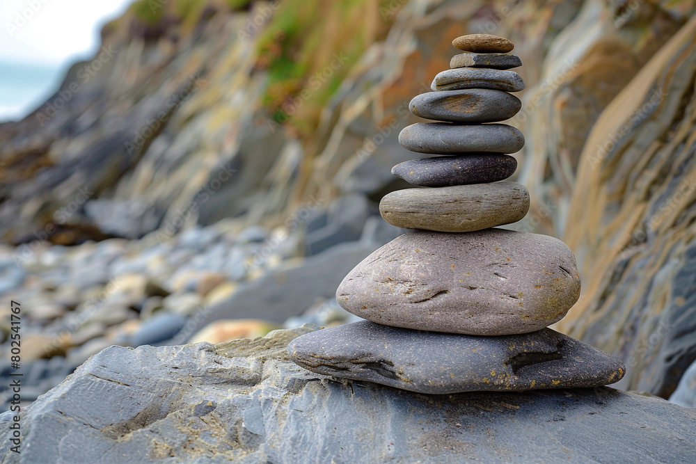 A stack of smooth stones on a flat rock. A stack of smooth stones on a flat rock.