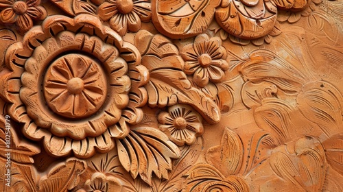 A closeup shot of a terracotta wall art piece intricate designs etched into the clay..