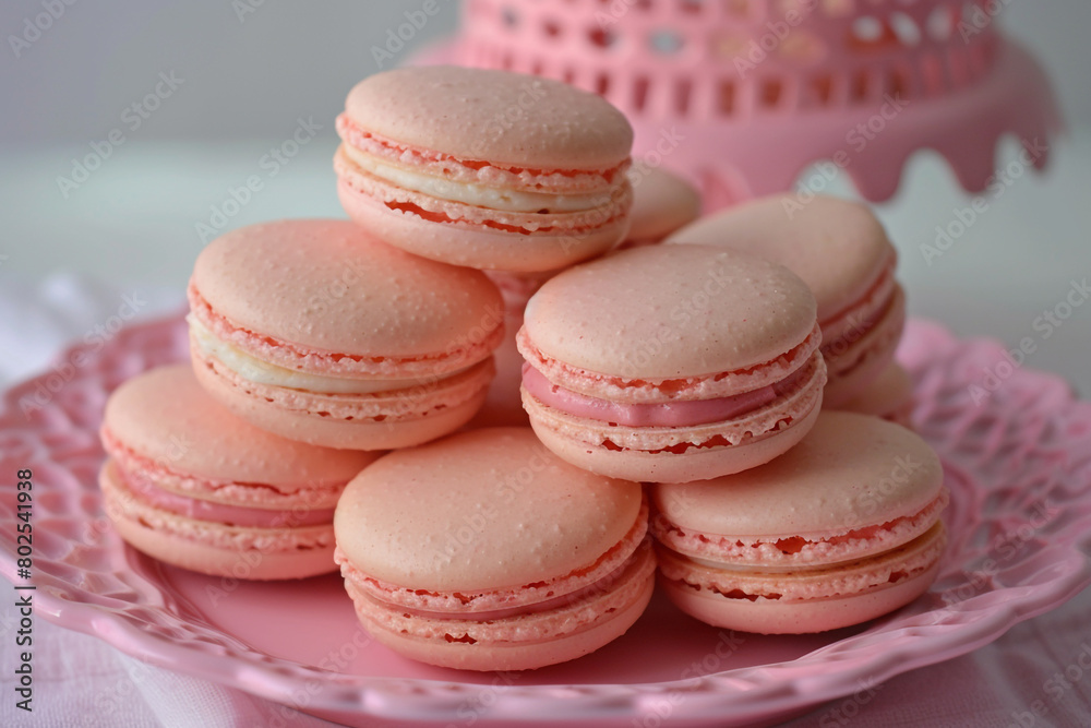 Fototapeta premium A stack of pink macarons arranged neatly on a pink plate.