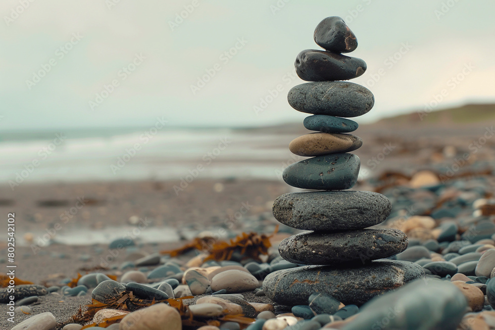A stack of pebbles on a deserted beach.