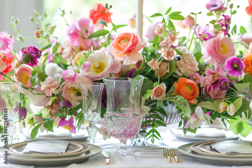 A table set with a beautiful floral centerpiece for a birthday dinner.