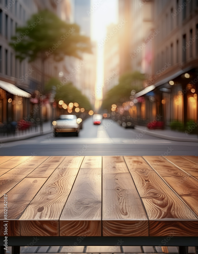 An empty wooden table with a blurred city street in the background.