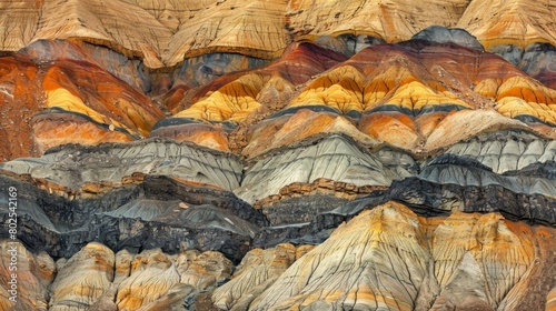 A panoramic view of a mountain range where layers of sedimentary rock have been eroded away to reveal a breathtaking display of colors and textures.. photo