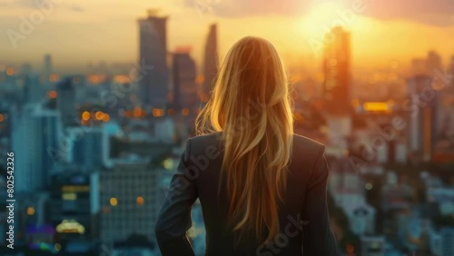 Concept of ambition and determination as the woman looks out over the city photo