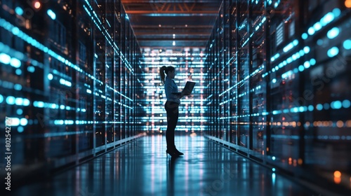 A female internet tech specialist at a data center uses her programming skills to create data analysis tools that help identify potential threats to data security. High quality photo
