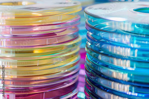 A stack of colorful transparent CDs arranged in a neat pile.