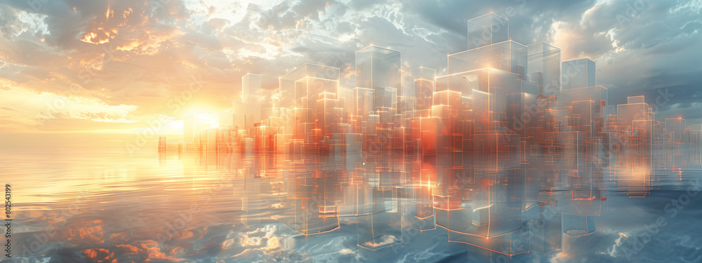Fototapeta premium Step into a mesmerizing abstract cityscape, where 3D cubes form a futuristic waterfront sunrise skyline with blue sky in a captivating grid-like pattern. reflected in the water.