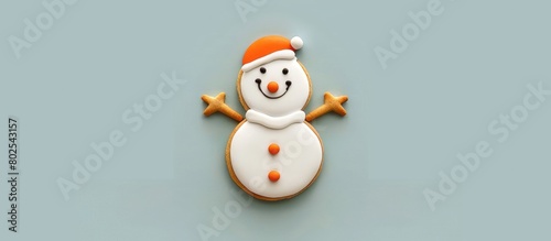 Snowman made out of cookies and a carrot nose. Simple holiday theme. Flat layout for Christmas.