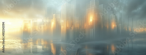 Step into a mesmerizing abstract cityscape  where 3D cubes form a futuristic hazy waterfront sunrise skyline  in a captivating grid-like pattern. reflected in the water.