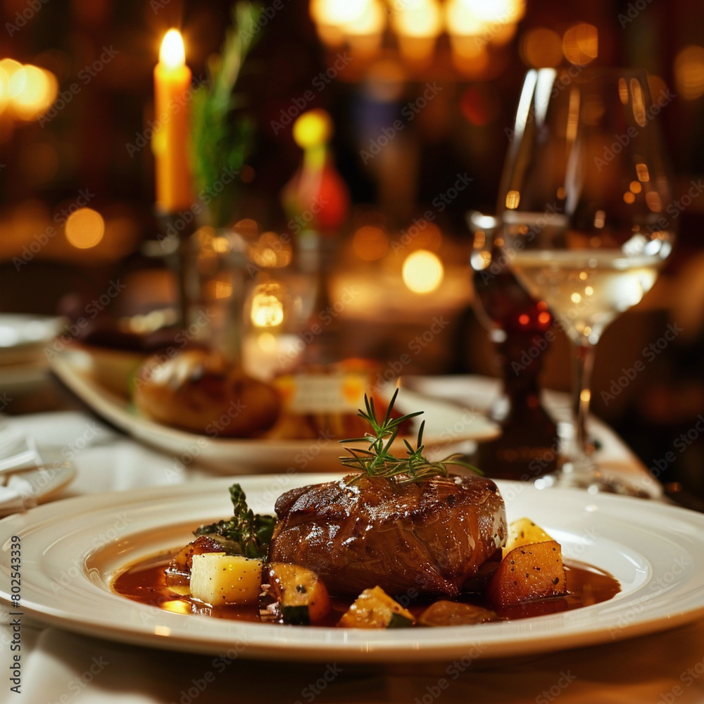 Photograph of a restaurant table showing one of its meat dishes and a glass of wine Photograph of a restaurant table showing one of its meat dishes and a glass of wine