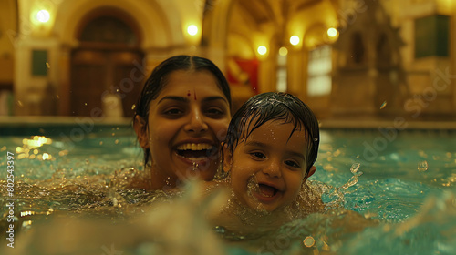 indian mother and her kid in a swimming pool