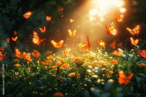 Butterflies flutter above a meadow of blooming flowers