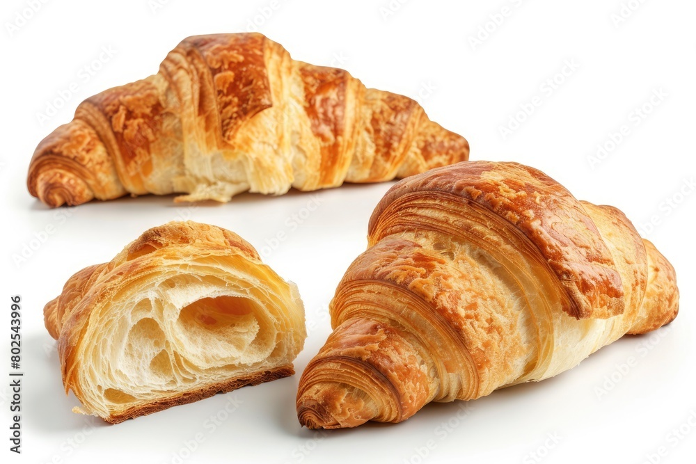 Croissant bread closeup isolated isolated on white background. display, whole and side view. frontal full view. lifestyle studio shoot. closeup view - generative ai