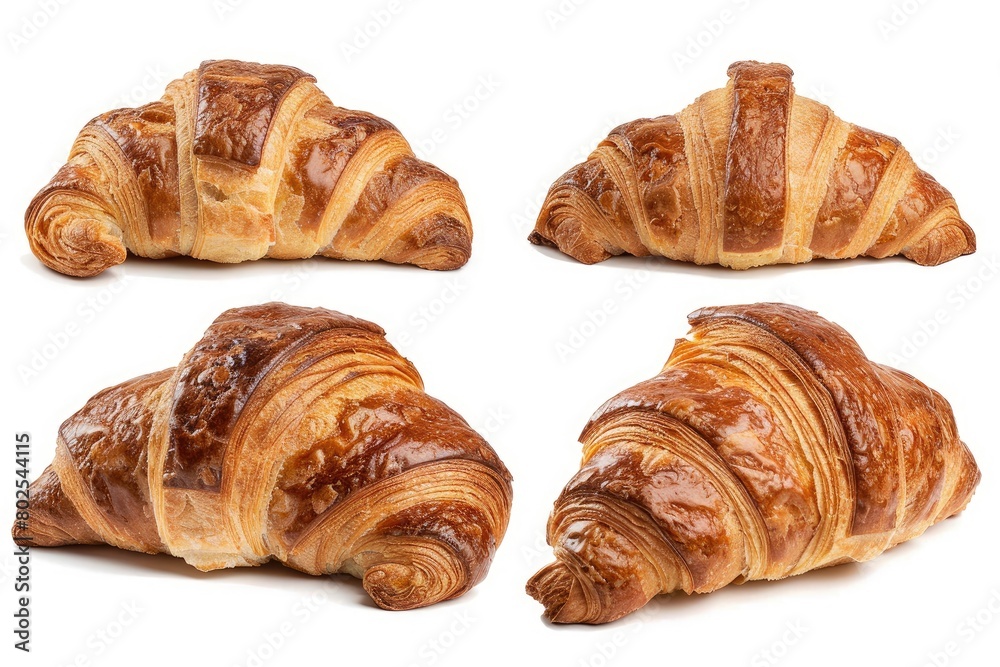 Croissant bread closeup isolated isolated on white background. display, whole and side view. frontal full view. lifestyle studio shoot. closeup view - generative ai