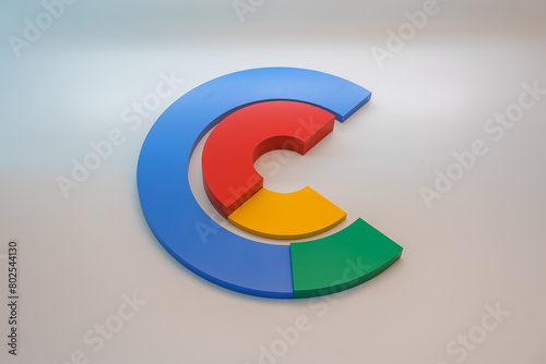 Photography Three dimensional Google logo with colorful G displayed on a wall