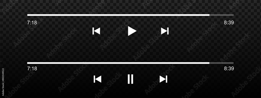 Set of audio or video player progress loading bars with time slider, play and pause, rewind and fast forward buttons. MP3, podcast or audiobook playback panel interface. Vector graphic illustration. Set of audio or video player progress loading bars with time slider, play and pause, rewind and fast forward buttons. MP3, podcast or audiobook playback panel interface. Vector graphic illustration.