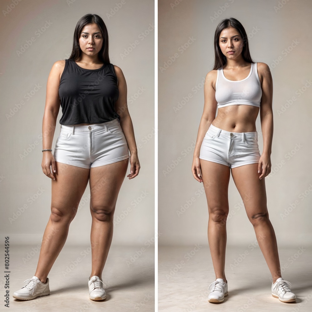 Before and after images illustrate a young adult caucasian woman's physique, displaying the transformation from an untoned body to a toned one after engaging in sports activities and healthy diet. Before and after images illustrate a young adult caucasian woman's physique, displaying the transformation from an untoned body to a toned one after engaging in sports activities and healthy diet.