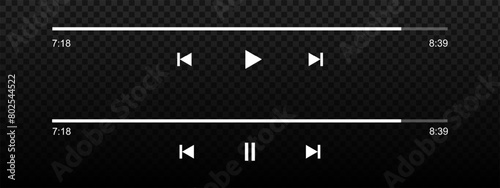 Set of audio or video player progress loading bars with time slider, play and pause, rewind and fast forward buttons. MP3, podcast or audiobook playback panel interface. Vector graphic illustration. photo