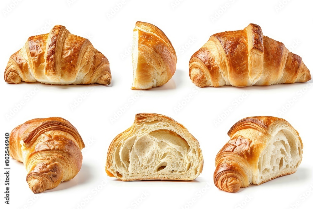 Croissant bread closeup isolated isolated on white background. display, whole and side view. frontal full view. lifestyle studio shoot. closeup view - generative ai