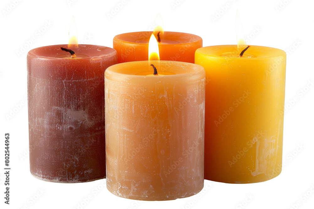 Four colored candles with flames isolated on transparent background Four colored candles with flames isolated on transparent background