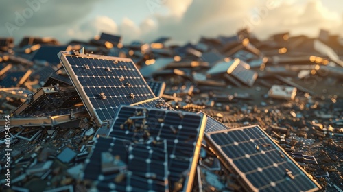 The environmental concept pile of solar cell panels at junkyard photo