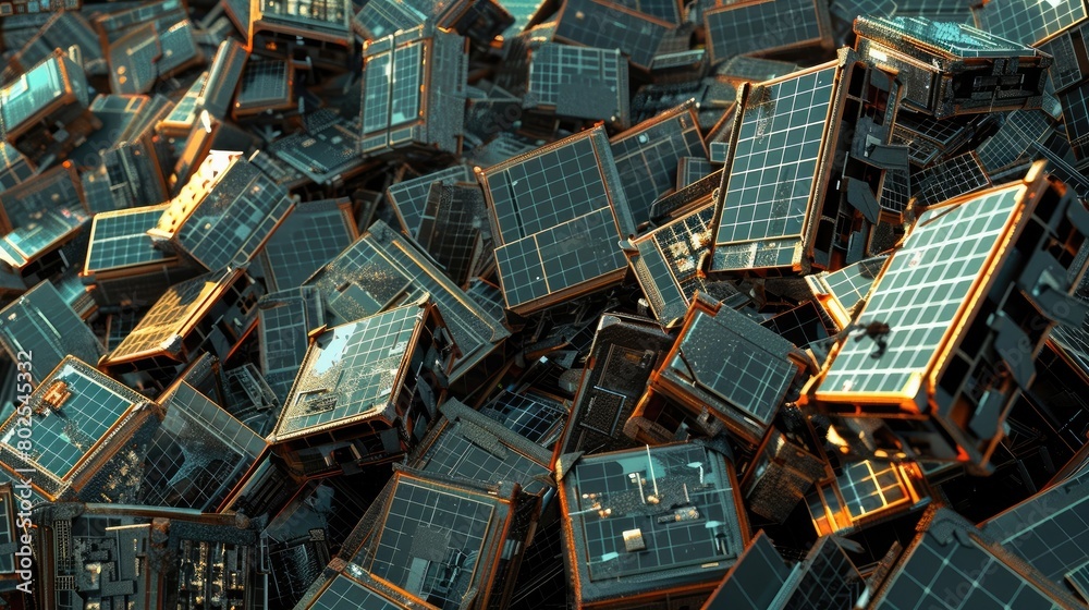 The environmental concept pile of solar cell panels at junkyard
