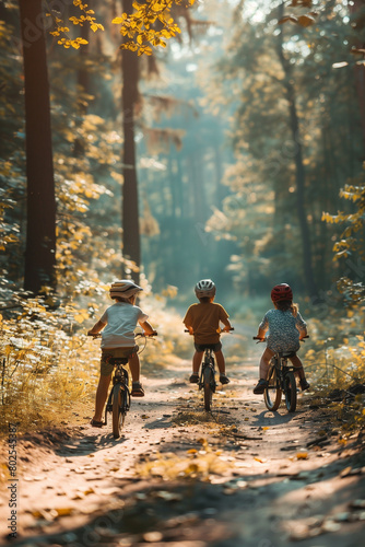 family riding bikes in the forest oil on canvas. High quality photo