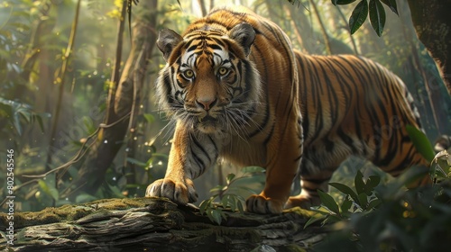 The majestic tiger carefully maneuvers on a wooden log amidst the dense foliage of the forest