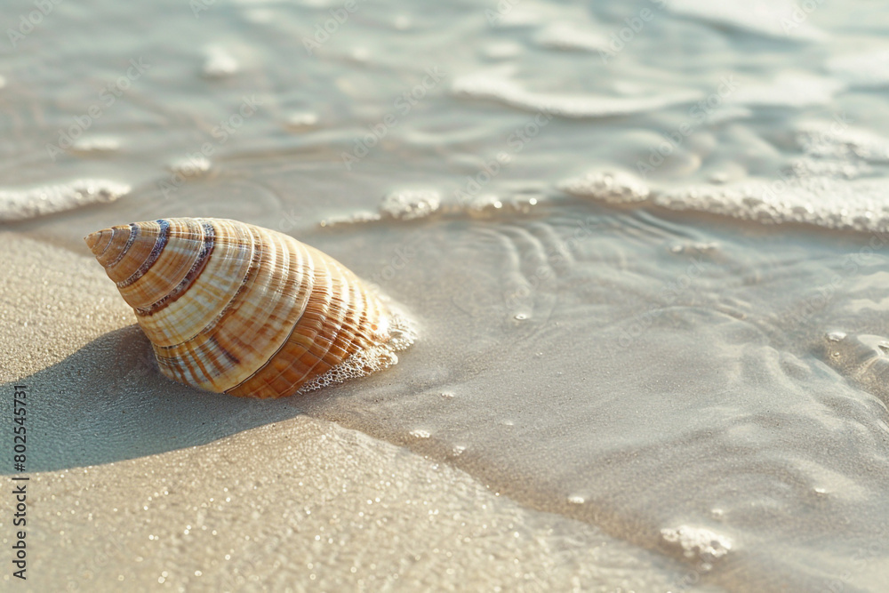 A solitary seashell lying on a transparent sandy beach. A solitary seashell lying on a transparent sandy beach.