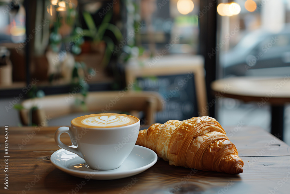 A cup of art latte coffee with a croissant. An espresso or cappuccino with a croissant at a café. Concept of coffee culture and latte art.