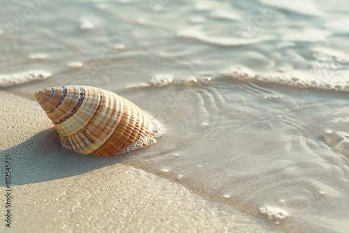 A solitary seashell lying on a transparent sandy beach. © Nature Lover
