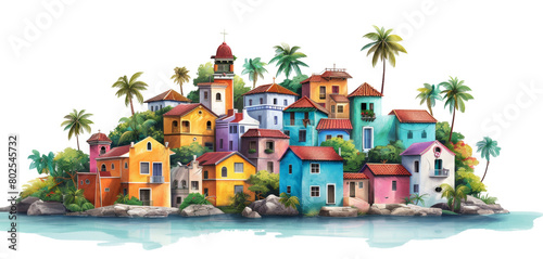 Tropical village illustration with colorful houses and palm trees isolated on transparent background