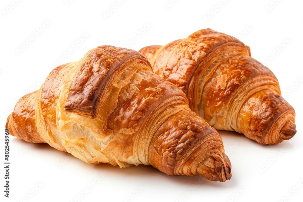 Croissant bread closeup isolated isolated on white background. display, whole and side view. frontal full view. lifestyle studio shoot. closeup view - generative ai