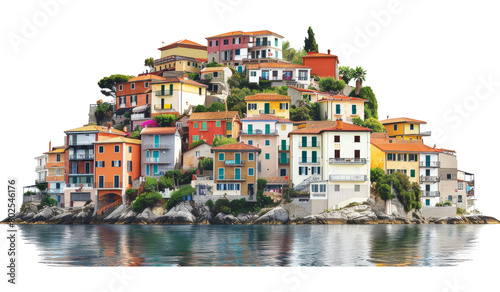 Cliffside houses illustration with colorful buildings and sea view isolated on transparent background
