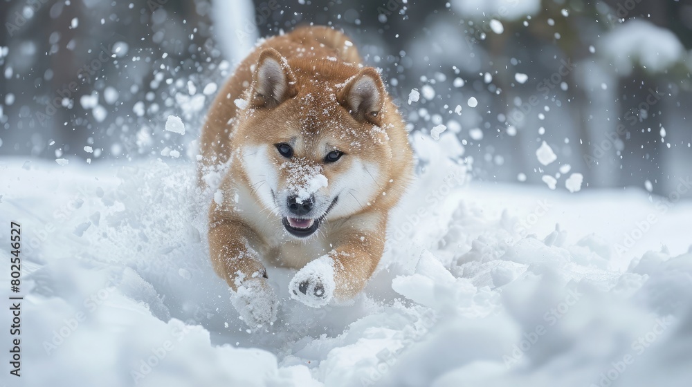 The Shiba Inu Japanese dog plays in the snow in winter. The Shiba Inu Japanese dog plays in the snow in winter.