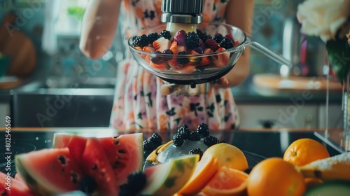 young woman preparing a healthy recipe of diverse fruits, watermelon, orange and blackberries. Using a mixer. Homemade, indoors, healthy lifestyle photo