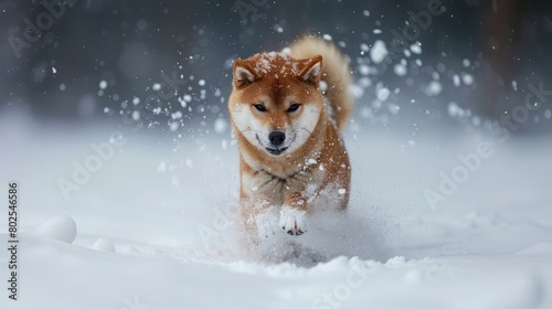 The Shiba Inu Japanese dog plays in the snow in winter. © Ahtesham