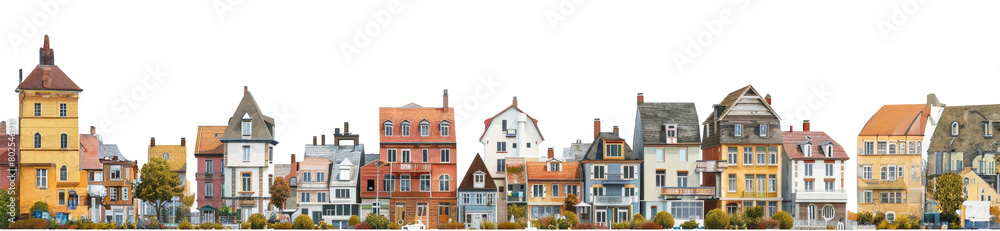 Panoramic view of colorful European style houses isolated on transparent background