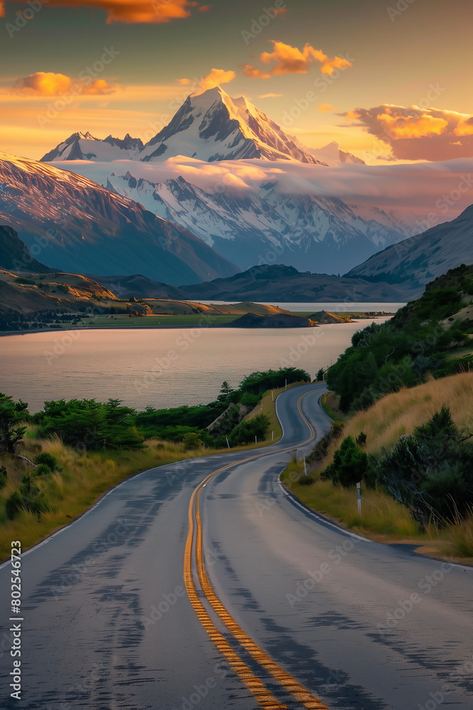 road leading towards sunset behind the hills. High quality photo