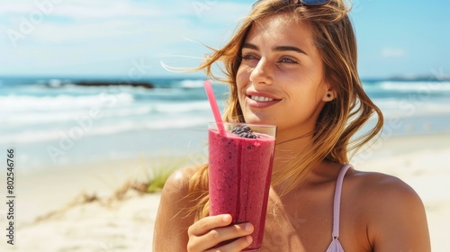 Young woman with berry smoothie on the beach