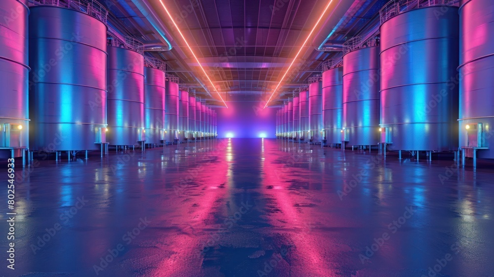 Colorful Lighting in a Modern Milk Tanker Storage Facility