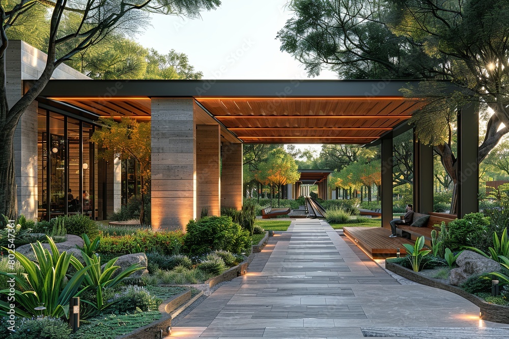 Canopied Monorail Station Design in a Verdant Park Setting Canopied Monorail Station Design in a Verdant Park Setting