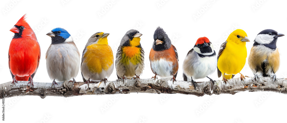 Fototapeta premium Colorful birds in a row isolated on transparent background