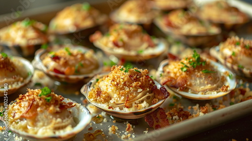 Clams casino topped with breadcrumbs, bacon, and Parmesan cheese on a tray. photo