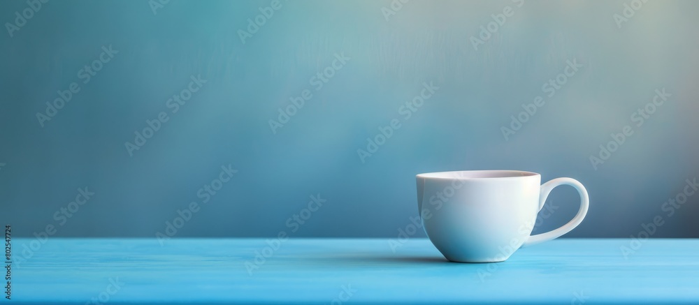 White ceramic cup on a blue table with a blurred background and space for copying. White ceramic cup on a blue table with a blurred background and space for copying.